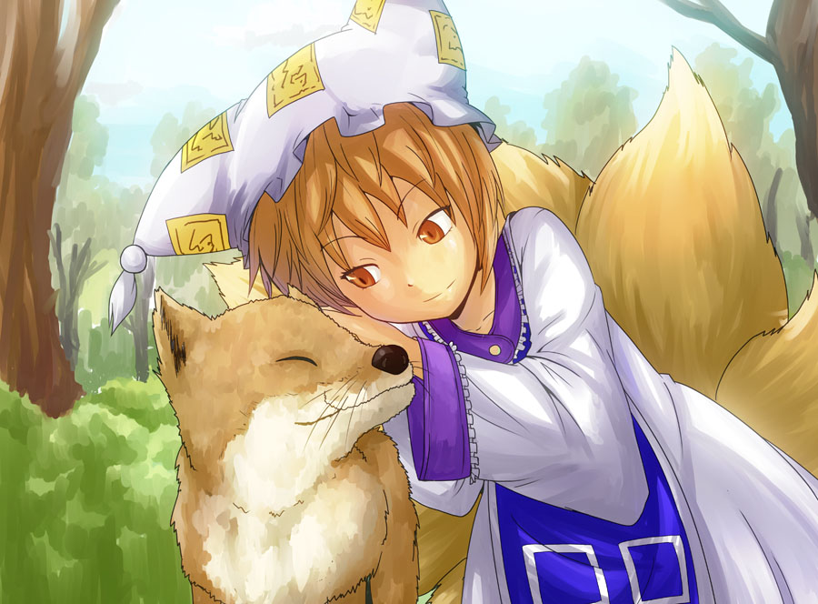 animal_ears, blonde_hair, bush, closed_eyes, dress, eyes_closed, fox, fox_ears