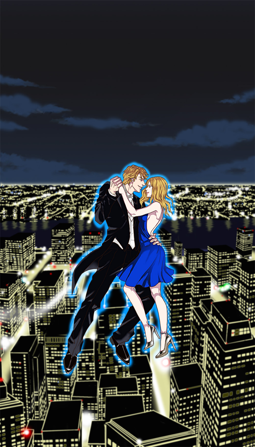 1boy, 1girl, blonde_hair, breasts, city, dancing, dress, formal, glowing, high_heels, highres, karina_lyle, keith_goodman, night, night_sky, shoes, sideboob, sky, sssurume, strapless_dress, suit, tiger_&amp;_bunny
