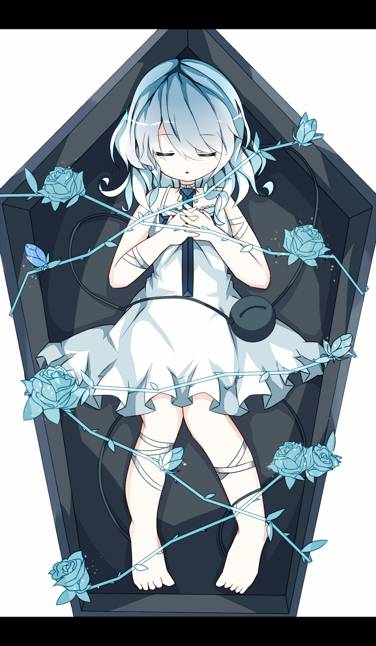 alternate_costume, bandage, bandages, barefoot, blue, blue_hair, blue_rose, child