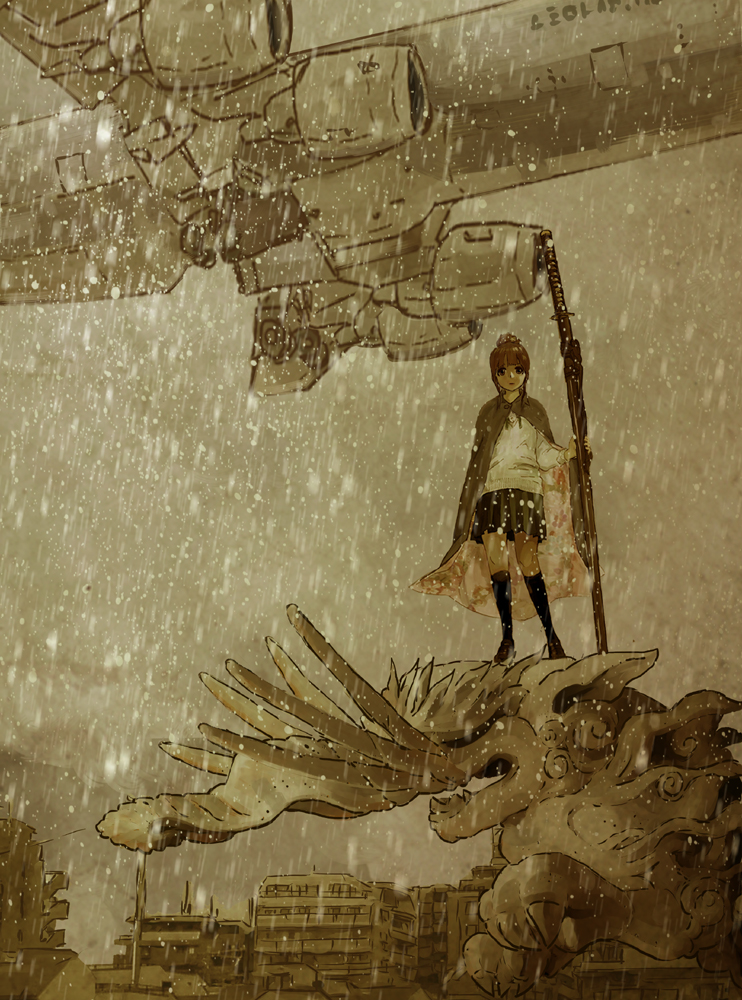 airplane, bad_id, black_legwear, brown_eyes, brown_hair, cape, city, hair_bun, katou_fumitaka, kneehighs, looking_at_viewer, original, school_uniform, snow, solo, standing, statue, sweater, sword, weapon