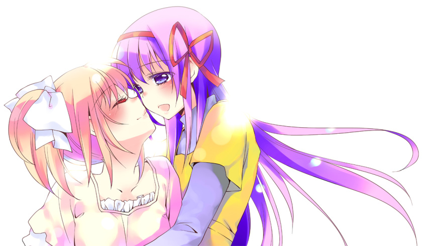 akemi_homura, alternate_hair_color, blush, closed_eyes, dress, eyes_closed, hair_ribbon, kaname_madoka