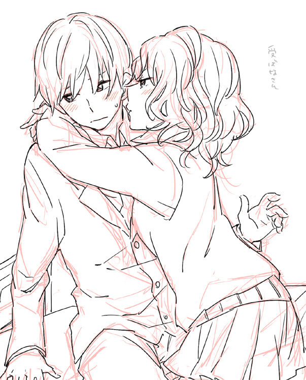 1boy, 1girl, amagami, hug, lineart, peg, school_uniform, tachibana_jun'ichi