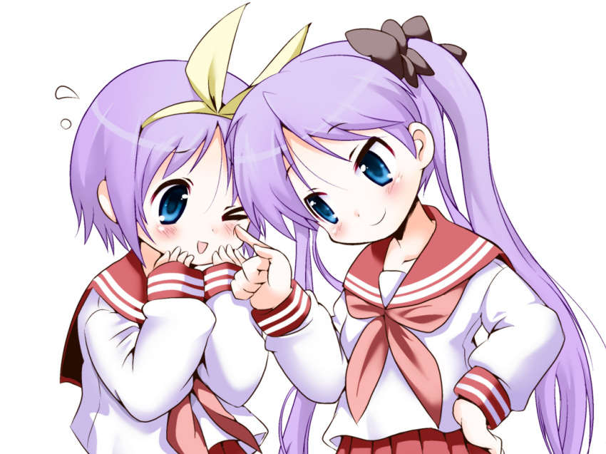 cheek_poke, hiiragi_kagami, hiiragi_tsukasa, kawamura_river, long_hair, lucky_star, poking, purple_hair