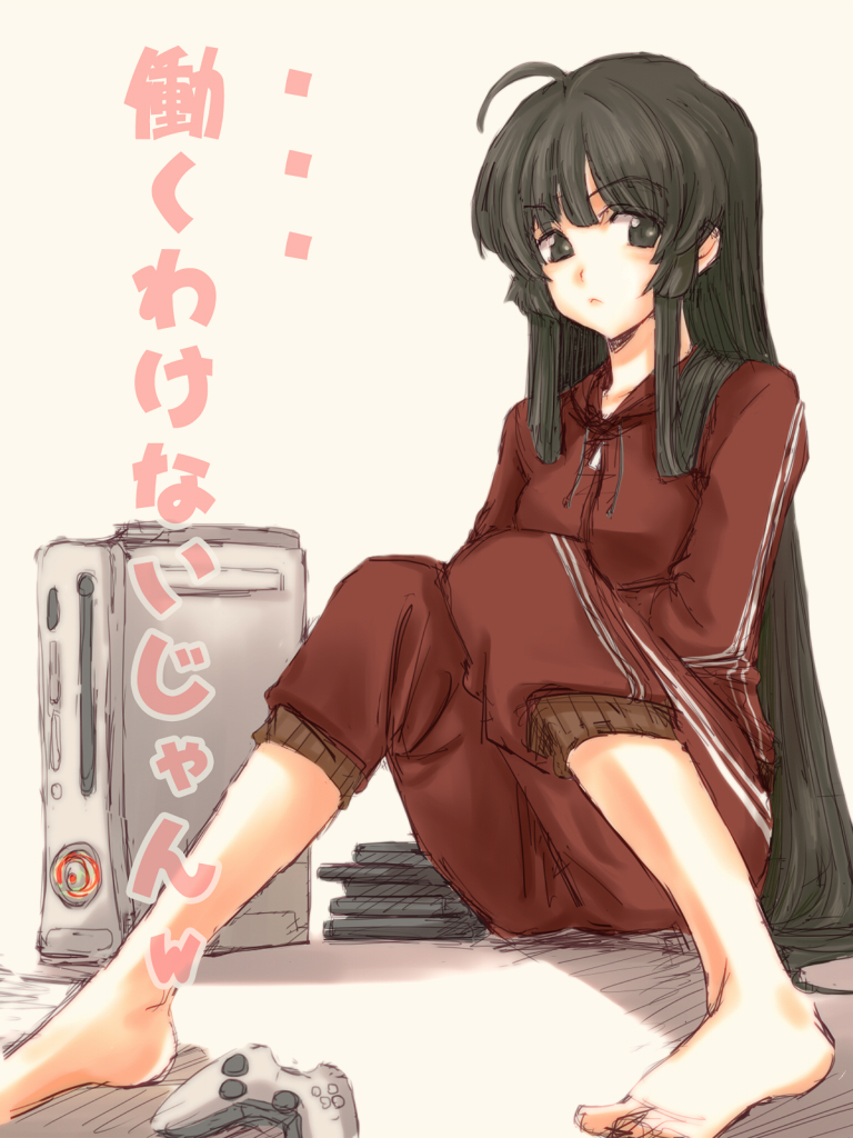 1girl, barefoot, black_eyes, black_hair, console, controller, feet, game_controller