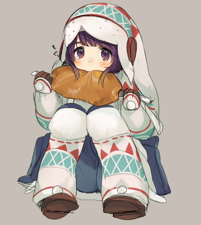 armor, boned_meat, capcom, eating, food, grey_background, kippu, meat