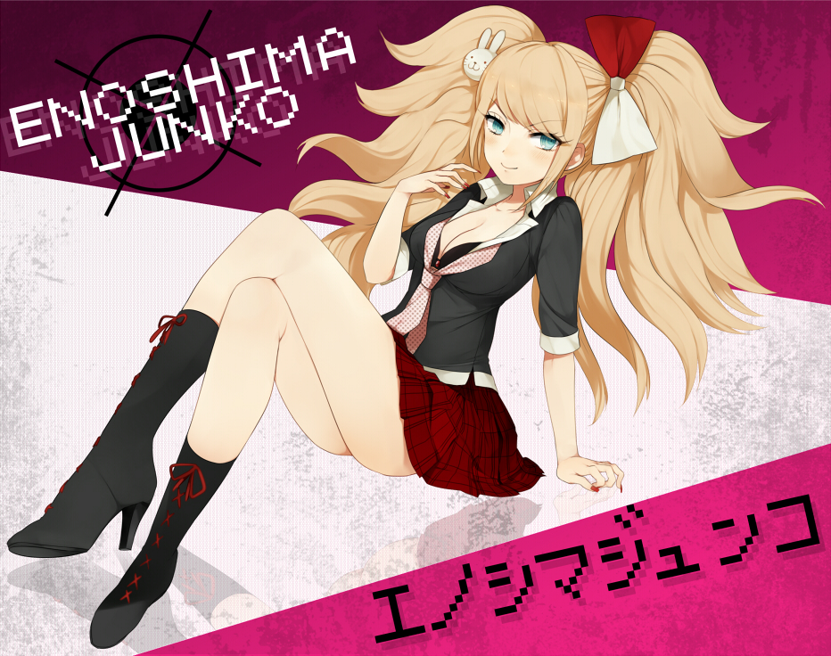 boots, bow, breasts, brown_hair, cleavage, cross-laced_footwear, crossed_legs, dangan-ronpa