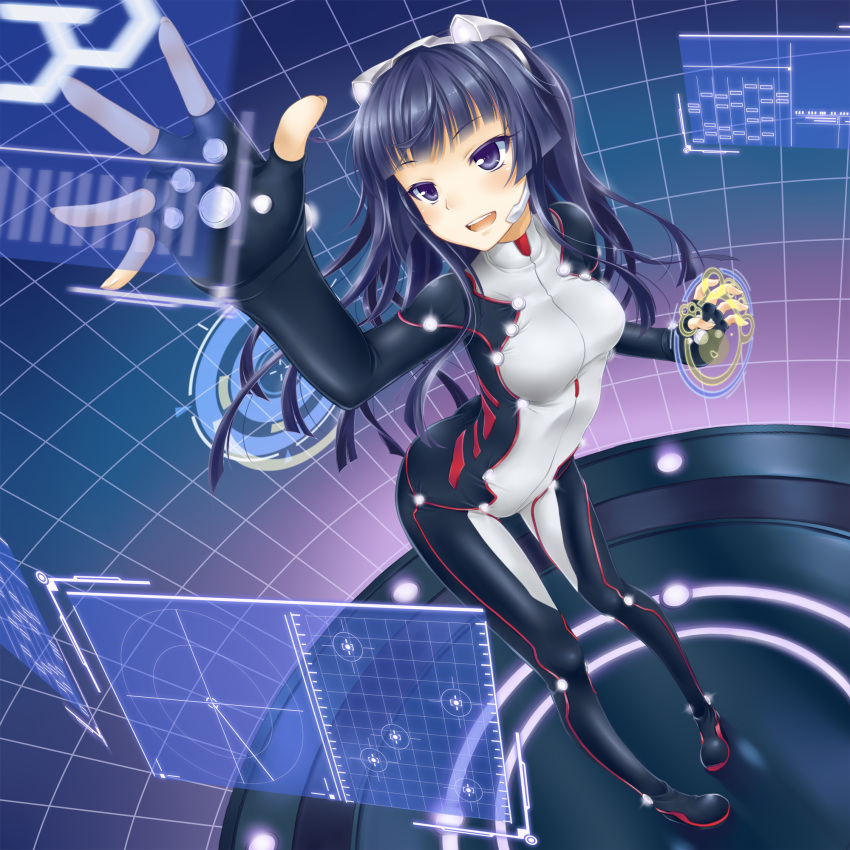 blue_eyes, blue_hair, blurry, blush, bodysuit, depth_of_field, fingerless_gloves, floating_screen
