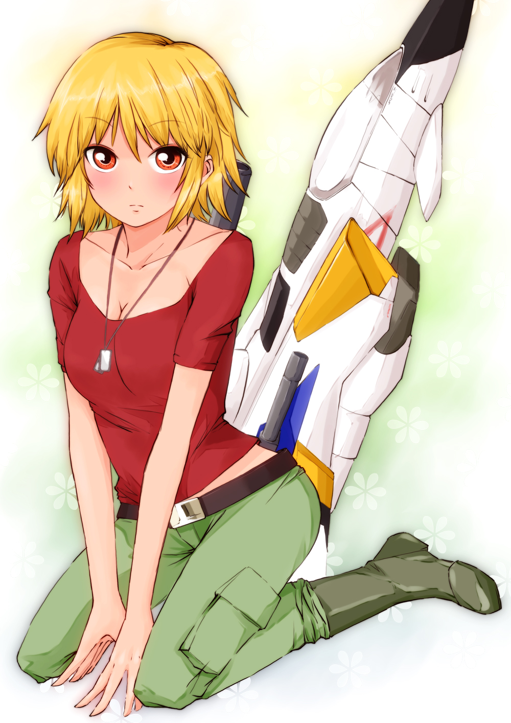 aircraft, belt, blonde_hair, blush, boots, breasts, brown_eyes, cagalli_yula_athha, cleavage, collarbone, dog_tags, gundam, gundam_seed, highres, kneeling, saijou_hirokazu, short_hair, skygrasper, v_arms