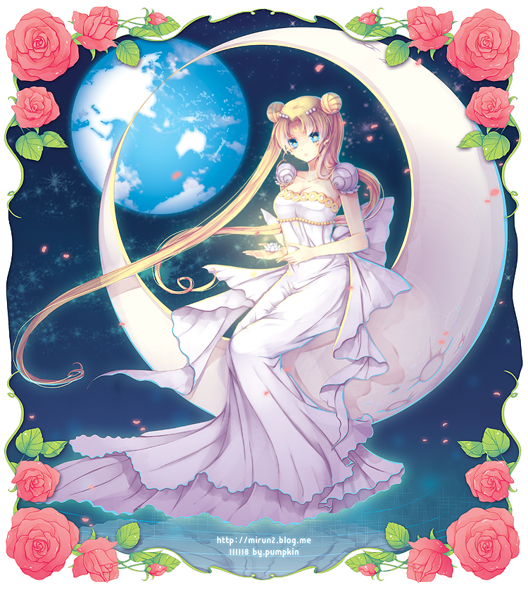 bare_shoulders, bishoujo_senshi_sailor_moon, blonde_hair, blue_eyes, bow, crescent_moon, double_bun, dress