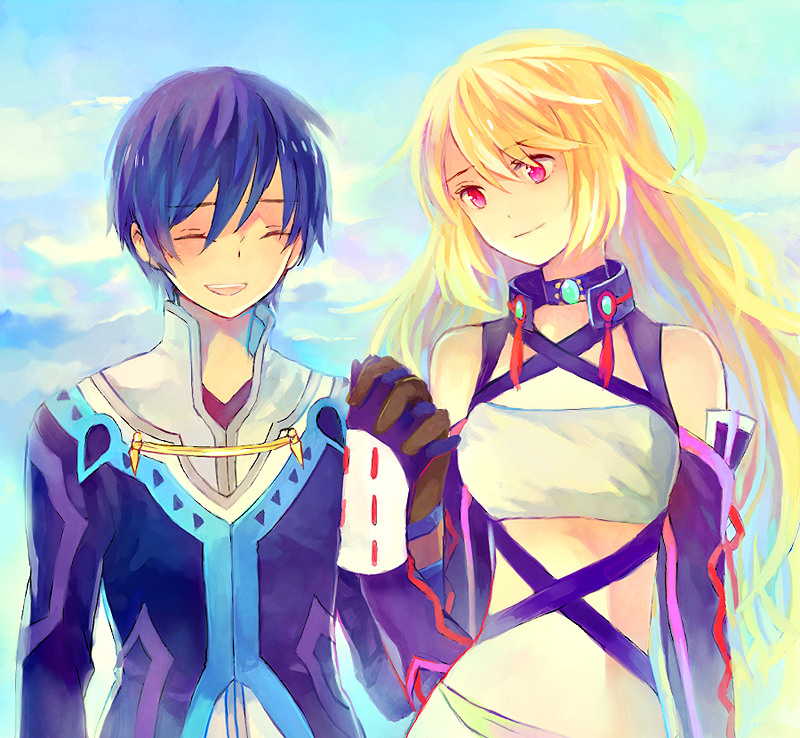 blonde_hair, choker, couple, gloves, jude_mathis, karua_(teikiatsugirl), long_hair, milla_maxwell