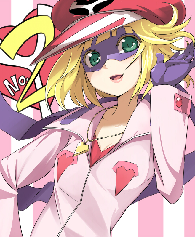 1girl, blonde_hair, gloves, green_eyes, hat, kaminari_ai, kumadano, lips, mask, pink_bodysuit, solo, time_bokan_(series), yatterman