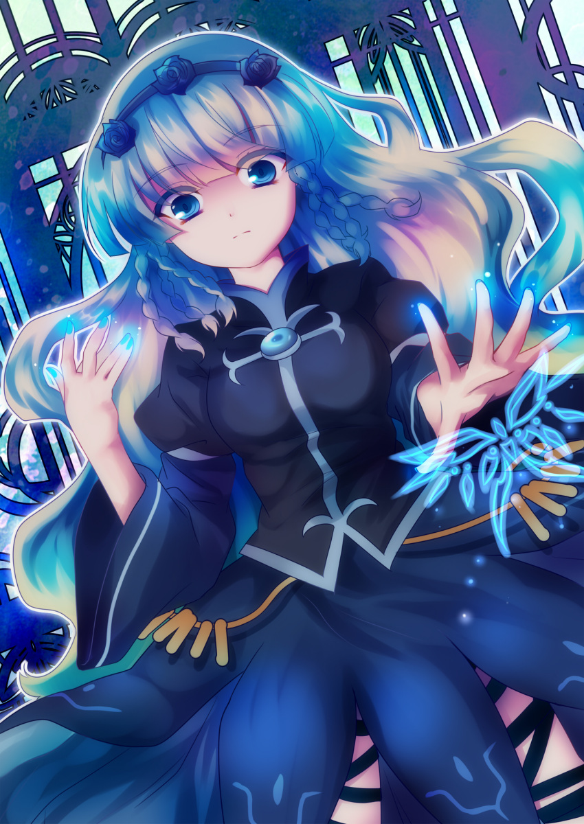 1girl, blue, blue_dress, blue_eyes, braid, dress, fingernail, fingernails, flower, glowing, hair_flower, hair_ornament, hairband, highres, long_hair, magic, merines, rose, shirley_fennes, silver_hair, tales_of_(series), tales_of_legendia, uranaishi_(miraura)
