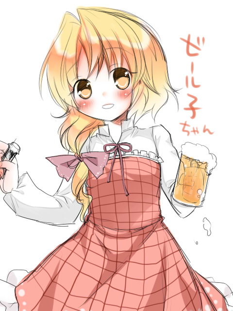 beer, beer_bottle, beer_mug, beerko, blonde_hair, blush, bottle, hair_ribbon