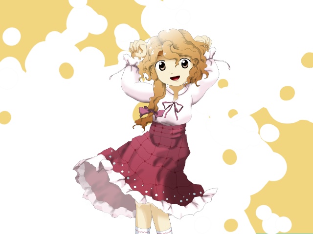 beerko, blonde_hair, caramelldansen, footwear, hair_ribbon, lace, long_sleeves, oota_jun'ya_(style), original, parody, ribbon, sakuragi_rian, shirt, short_hair, skirt, socks, solo, style_parody, white_legwear, white_shirt