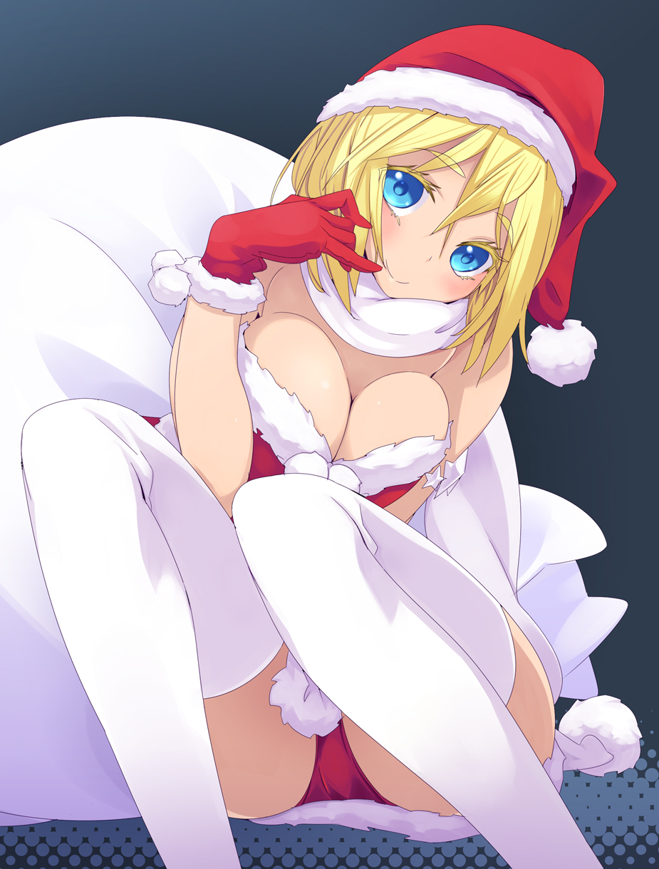 bare_shoulders, blonde_hair, blue_eyes, breasts, christmas, cleavage, gloves, hand_on_own_face