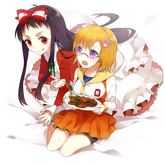 :q, bike_shorts, black_hair, blonde_hair, bow, bunny, dress, food