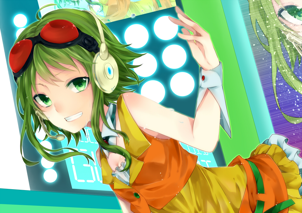 bad_id, goggles, goggles_on_head, green_eyes, green_hair, grin, gumi, headphones, headset, sekiji_miko, short_hair, skirt, smile, solo, sweat, vocaloid, wrist_cuffs