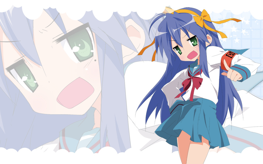 1girl, angry, blue_hair, company_connection, cosplay, green_eyes, hairband, highres, hirano_aya, izumi_konata, kadokawa_shoten, kyoto_animation, long_hair, lucky_star, publisher_connection, school_uniform, seiyuu_connection, seiyuu_joke, solo, studio_connection, suzumiya_haruhi, suzumiya_haruhi_(cosplay), suzumiya_haruhi_no_yuuutsu, wallpaper, zoom_layer