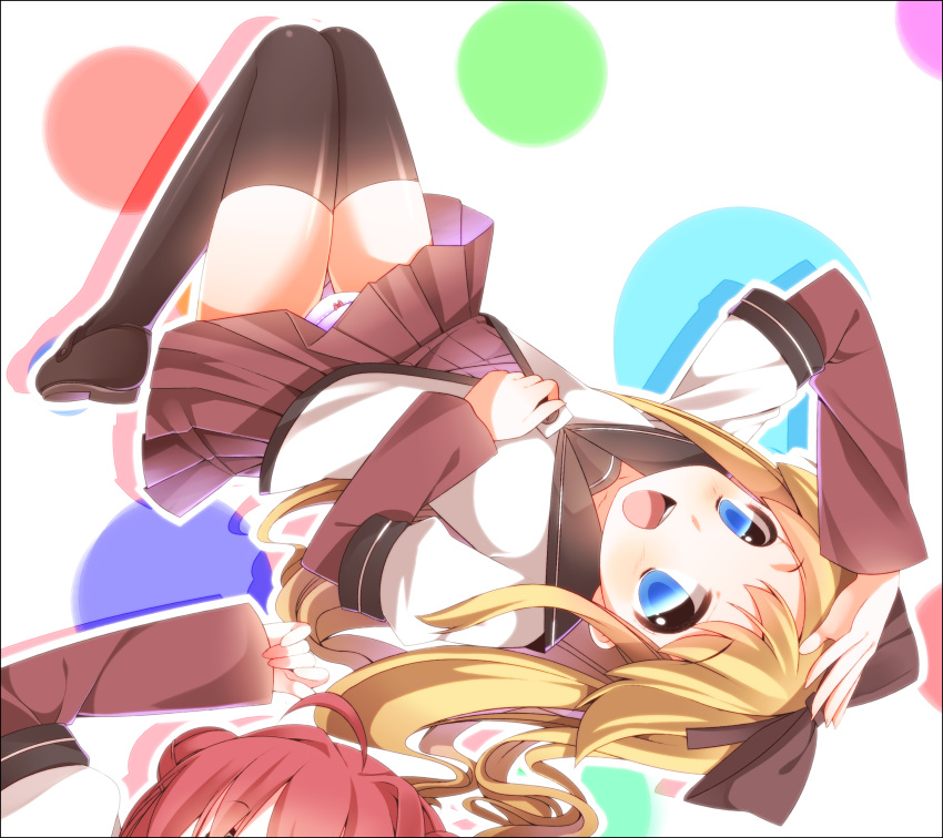 absurdres, ahoge, akaza_akari, blonde_hair, blue_eyes, bow, collarbone, hair_bow, hair_bun, highres, kagami_reido, long_hair, long_sleeves, lying, multiple_girls, on_back, open_mouth, panties, pantyshot, pantyshot_(lying), pink_hair, sakura_hazuki, school_uniform, shoes, skirt, thigh-highs, thigh_gap, thighhighs, toshinou_kyouko, underwear, white_panties, yuru_yuri, zettai_ryouiki