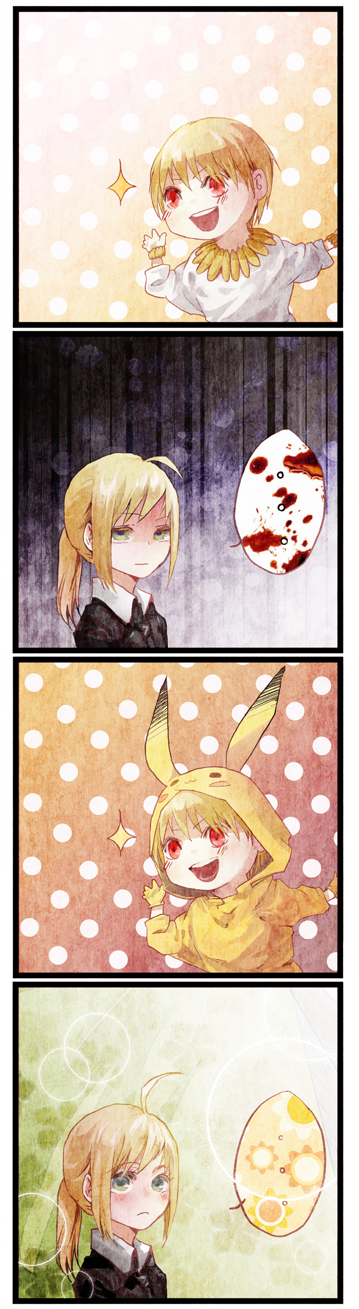 1boy, 1girl, absurdres, ahoge, blonde_hair, blood, comic, fate/stay_night