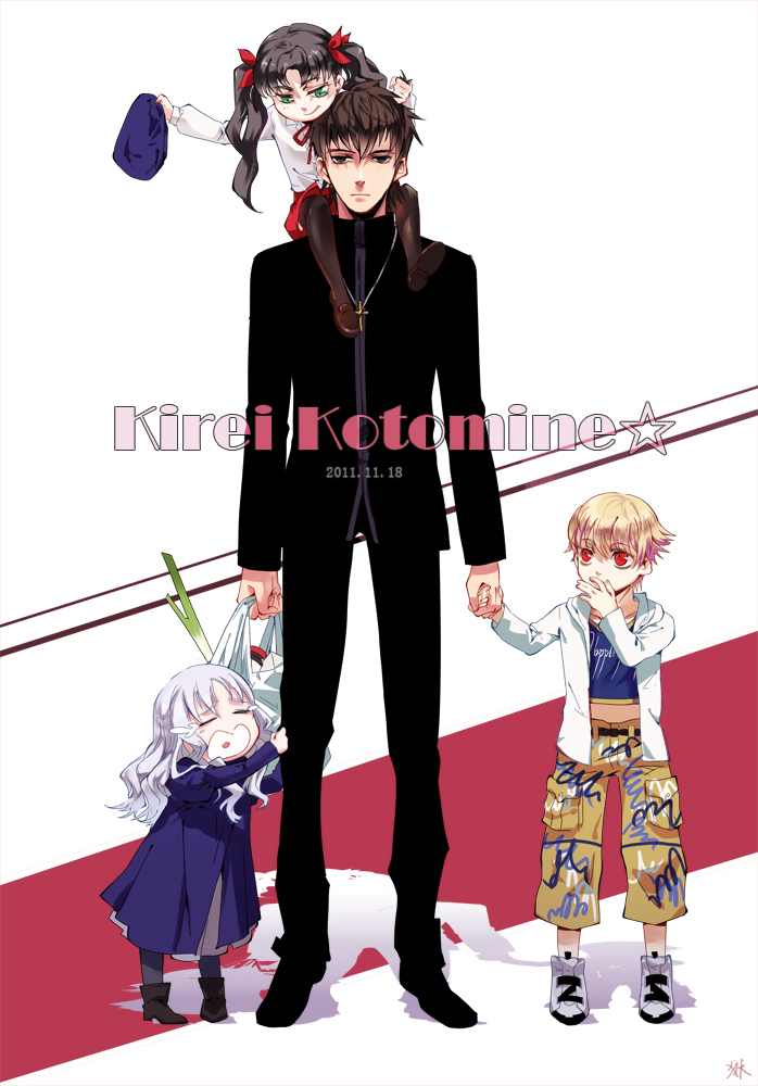 2girls, age_difference, blonde_hair, brown_eyes, brown_hair, caren_hortensia, caren_ortensia, chibi, child, child_gilgamesh, cross, expressionless, fate/hollow_ataraxia, fate/stay_night, fate/zero, fate_(series), father_and_daughter, flat_gaze, gilgamesh, green_eyes, hair_grab, hand_holding, hat, holding_hands, kotomine_kirei, multiple_boys, multiple_girls, pulling_hair, red_eyes, spring_onion, tears, tohsaka_rin, toosaka_rin, twintails, white_hair, young, yunvshen