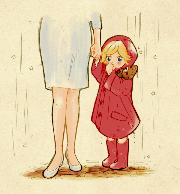 age_difference, barnaby_brooks_jr, blonde_hair, blue_eyes, boots, child, emily_brooks, hand_holding