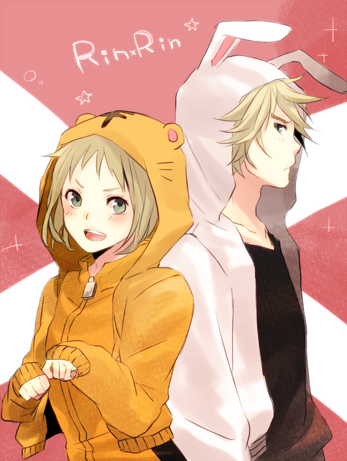 1girl, animal_costume, blonde_hair, bunny_costume, green_eyes, hoodie, huang_baoling, ivan_karelin