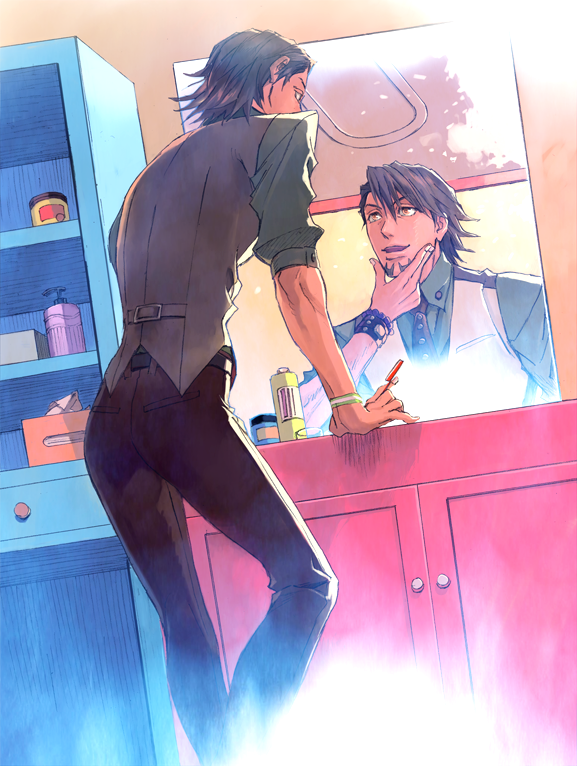 brown_eyes, brown_hair, dutch_angle, facial_hair, hand_on_chin, hand_to_chin, kaburagi_t_kotetsu, male