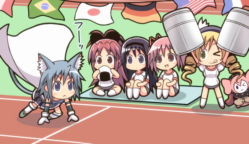 >_<, ;p, ;q, akemi_homura, american_flag, animal_ears, armband, beret
