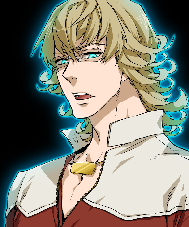 bad_id, barnaby_brooks_jr, blonde_hair, blue_eyes, glasses, glowing, glowing_eyes, jacket, jewelry, kagari-rdj, male, necklace, red_jacket, solo, tiger_&amp;_bunny, you_gonna_get_raped