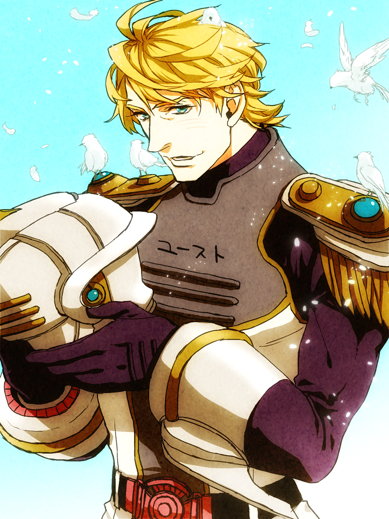 animal_on_head, bad_id, bird, bird_on_head, blonde_hair, blue_eyes, epaulettes, headwear_removed
