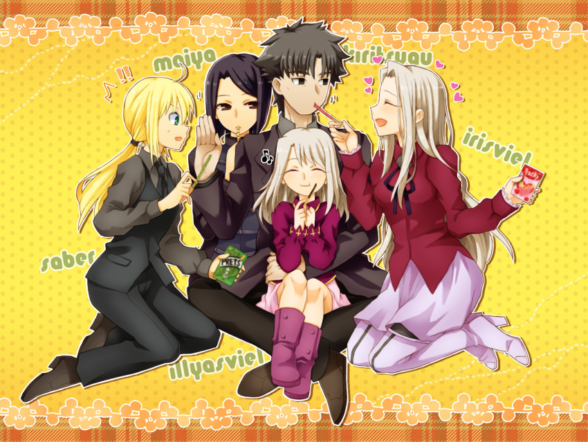 1boy, 4girls, ^_^, age_difference, black_legwear, boots, closed_eyes, emiya_kiritsugu, eyes_closed, family, fate/stay_night, fate/zero, fate_(series), father_and_daughter, formal, heart, high_heels, hisau_maiya, illyasviel_von_einzbern, irisviel_von_einzbern, long_hair, mot, multiple_girls, pant_suit, pantyhose, pocky, ponytail, saber, shoes, sitting, sitting_in_lap, sitting_on_lap, sitting_on_person, suit, thigh_boots, thighhighs, white_hair