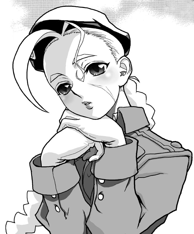 beret, burugariya, cammy_white, capcom, chin_rest, gloves, hat, monochrome