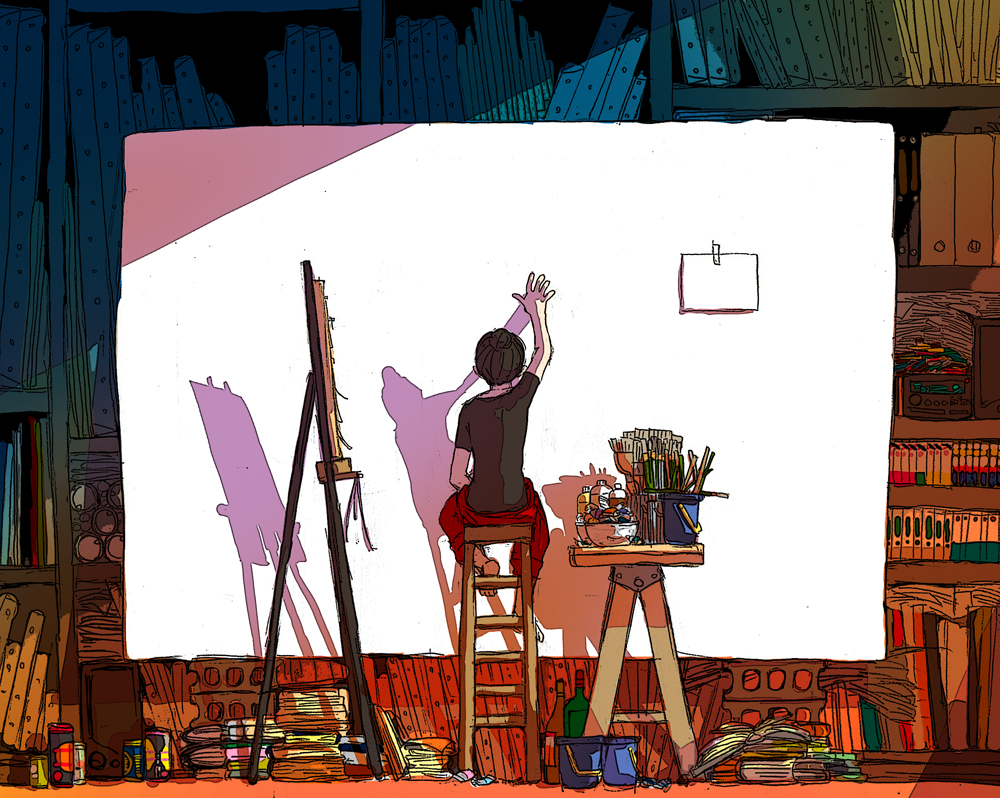 art_brush, barefoot, black_hair, bookshelf, bottle, bucket, can, canvas_(object)