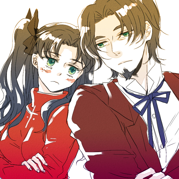 age_difference, beard, black_hair, blush, casual, crossed_arms, facial_hair, fate/stay_night, fate/zero, fate_(series), father_and_daughter, formal, green_eyes, hair_ribbon, long_hair, oksisi, parted_bangs, ribbon, short_hair, suit, tohsaka_rin, tohsaka_tokiomi, toosaka_rin, toosaka_tokiomi, twintails