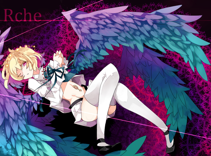 beatmania_iidx, blonde_hair, character_name, mary_janes, midriff, mound_of_venus, multiple_wings, navel
