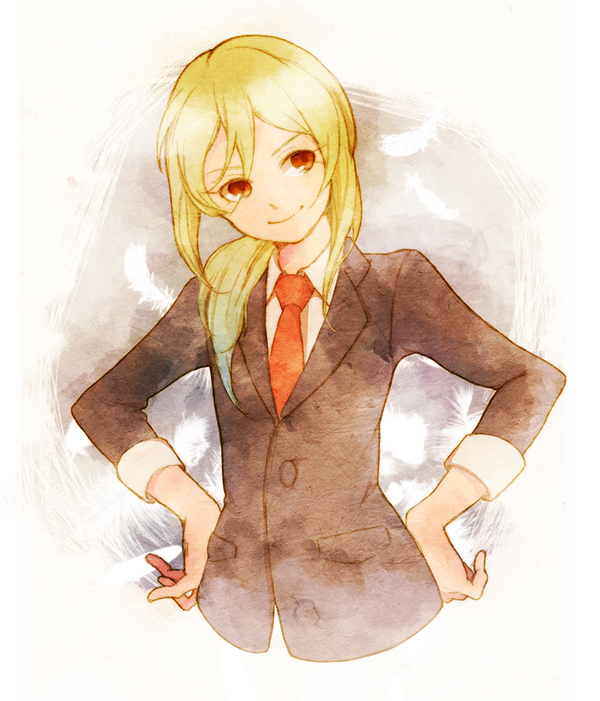 afuro_terumi, bad_id, blonde_hair, hair_over_shoulder, hand_on_hip, hands_on_hips, hips, hiruri