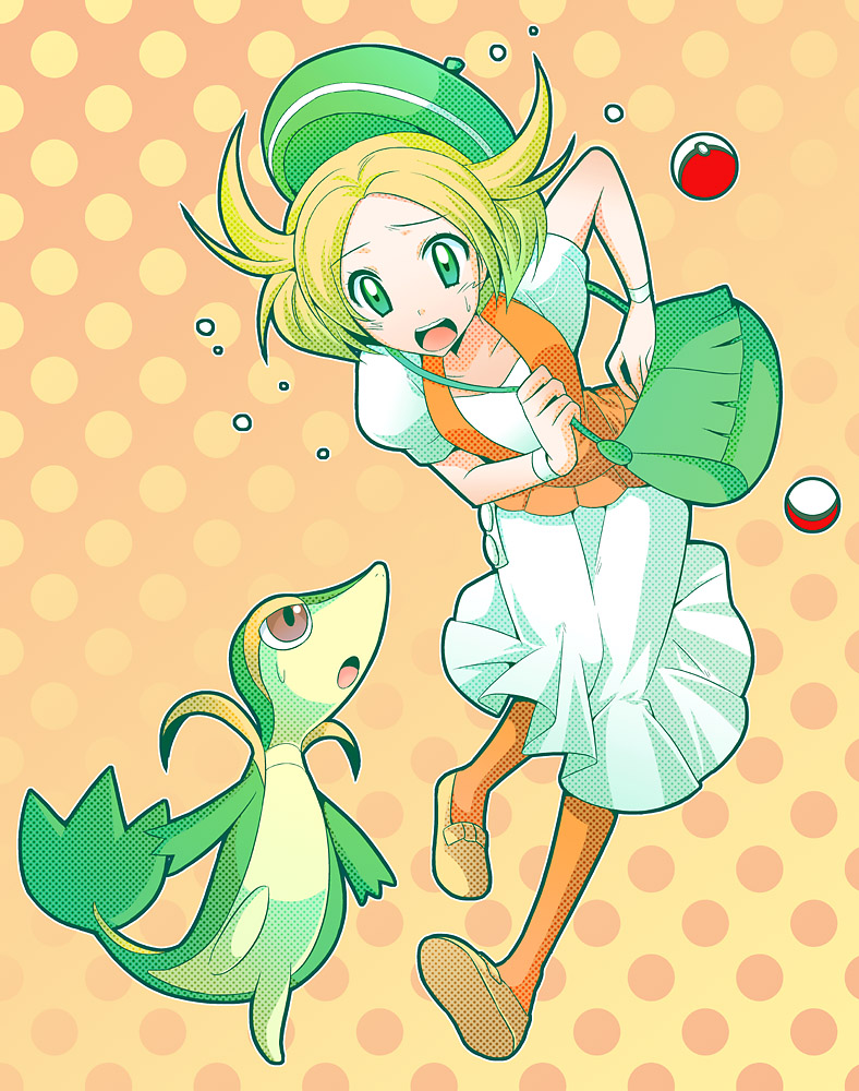 1girl, bel_(pokemon), blonde_hair, clumsy, green_eyes, hat, nu_(ukskuj), open_mouth