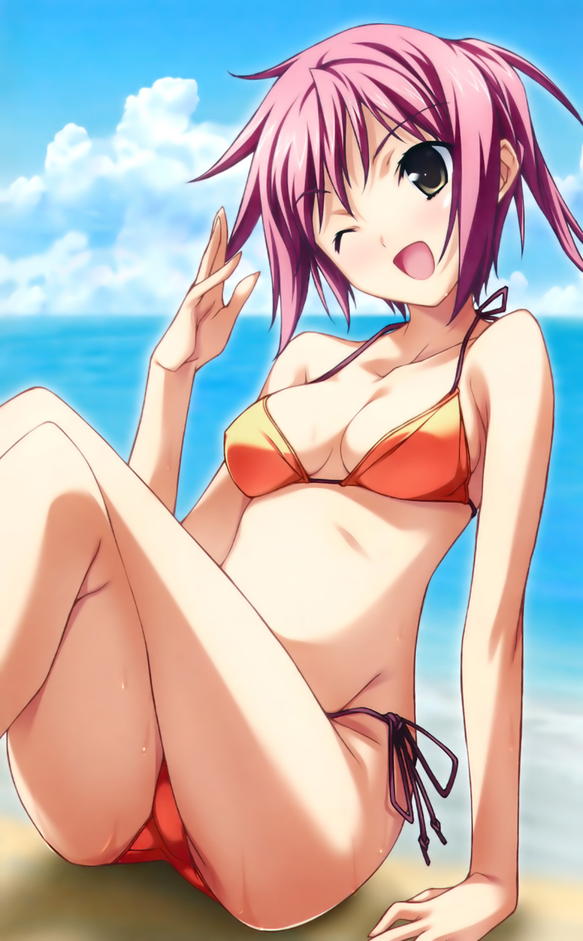 arm_support, artist_request, baldr_sky, beach, bikini, breasts, brown_eyes, cleavage