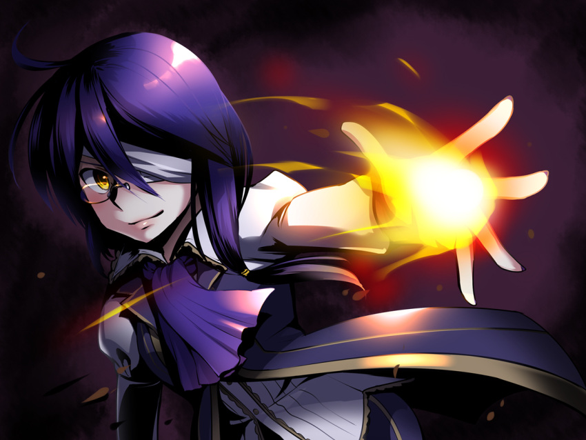 ahoge, blue_hair, caffein, fire, glasses, solo, soune_taya, trap