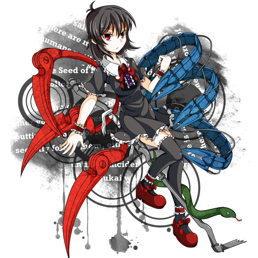 asymmetrical_wings, black_hair, black_legwear, highres, houjuu_nue, lead_pipe, mary_janes, mechanical_wings