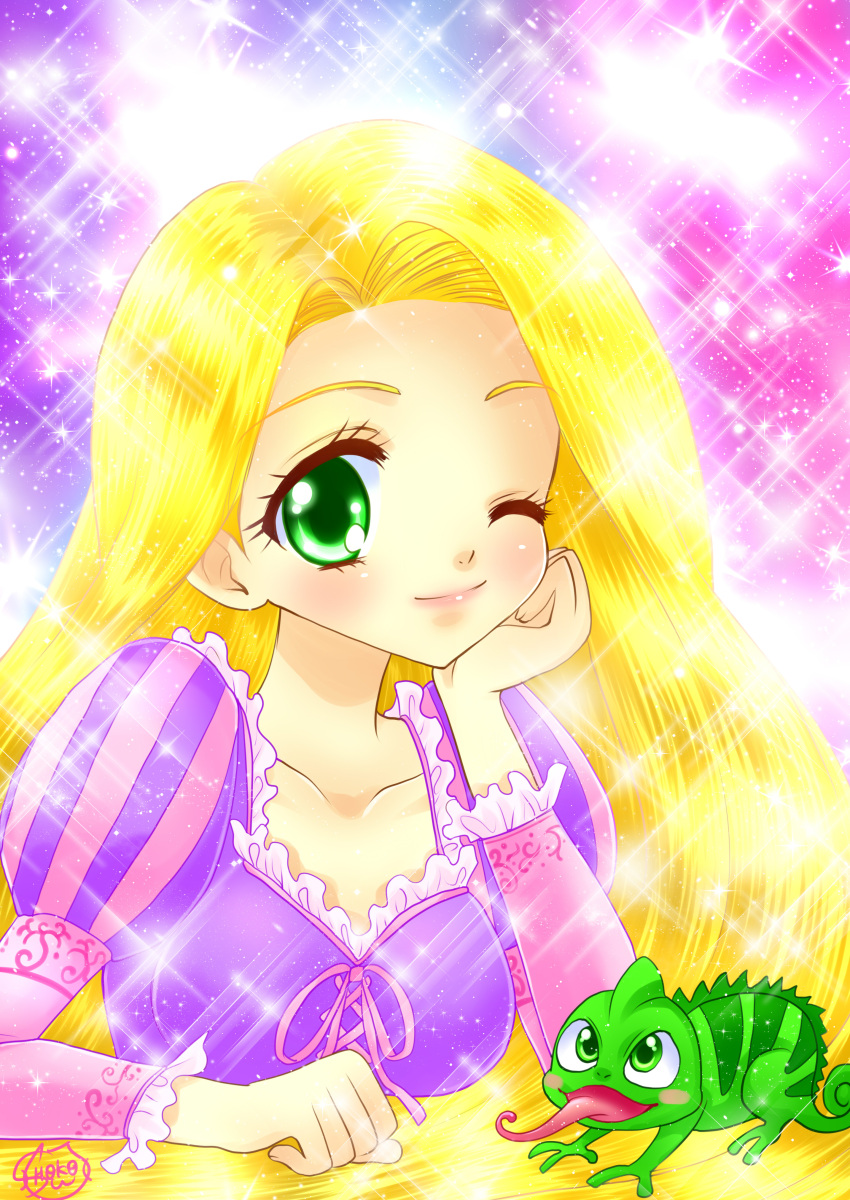 1girl, 1other, animal, blonde_hair, chameleon, disney, dress, green_eyes