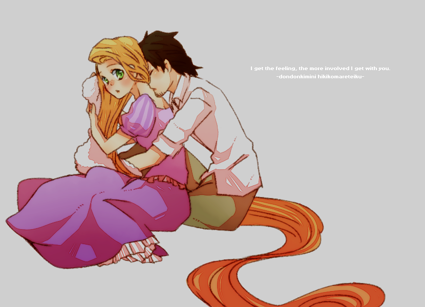 1girl, blonde_hair, couple, disney, dress, flynn_rider, green_eyes, hug