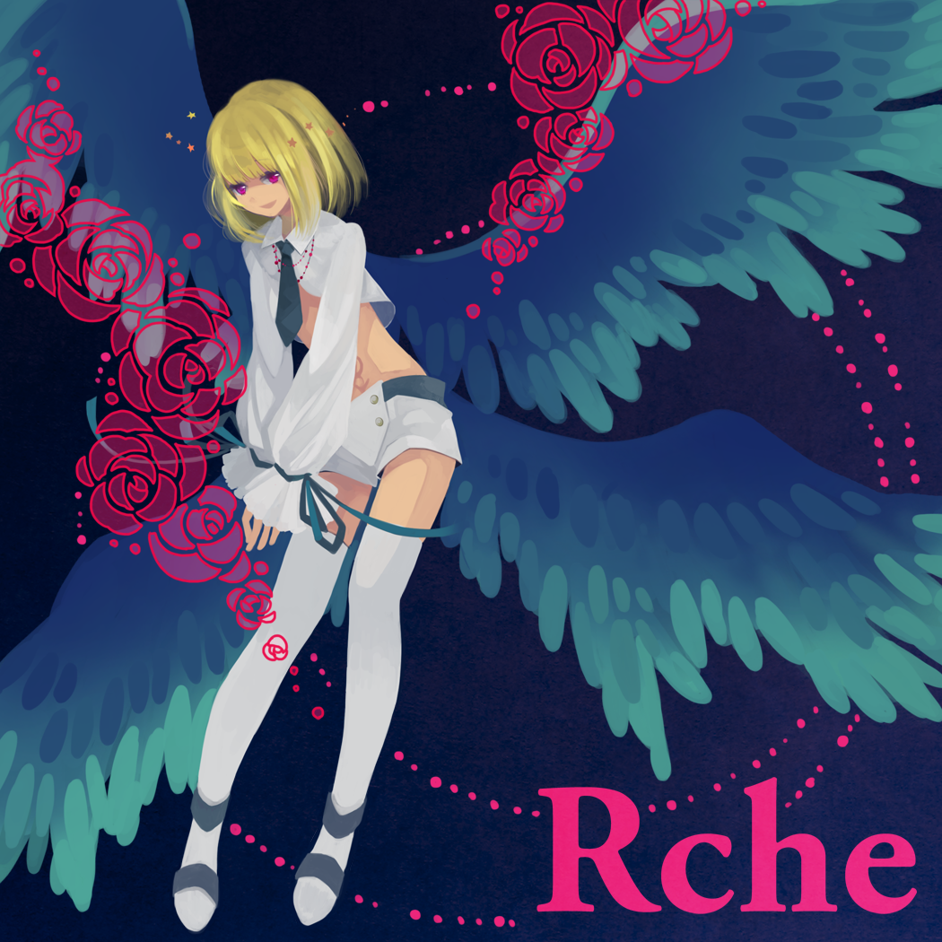 beatmania, beatmania_iidx, blonde_hair, bonne_c, flower, male, midriff, multiple_wings, pink_eyes, rche_(beatmania), red_rose, rose, shoes, short_hair, solo, thigh-highs, thighhighs, trap, wings