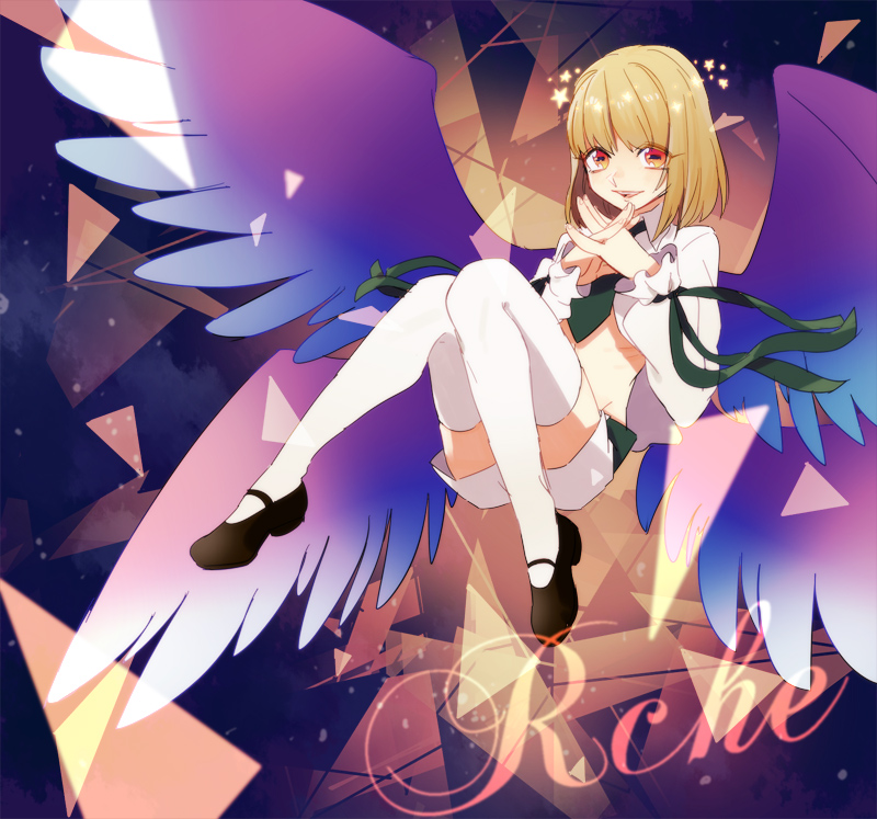 beatmania_iidx, blonde_hair, mary_janes, midriff, multiple_wings, rche_(beatmania), red_eyes, shoes