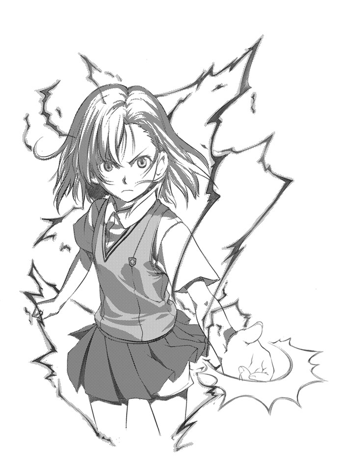 huiyulain, misaka_mikoto, monochrome, school_uniform, shorts, skirt, to_aru_kagaku_no_railgun, to_aru_majutsu_no_index