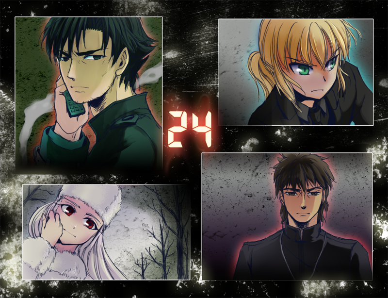 2boys, 2girls, black_hair, blonde_hair, brown_eyes, brown_hair, cellphone, emiya_kiritsugu, fate/stay_night, fate/zero, fate_(series), green_eyes, hat, irisviel_von_einzbern, jack_bauer, kotomine_kirei, koyama_rikiya, long_hair, multiple_boys, multiple_girls, nk_xs, phone, red_eyes, saber, seiyuu_connection, white_hair