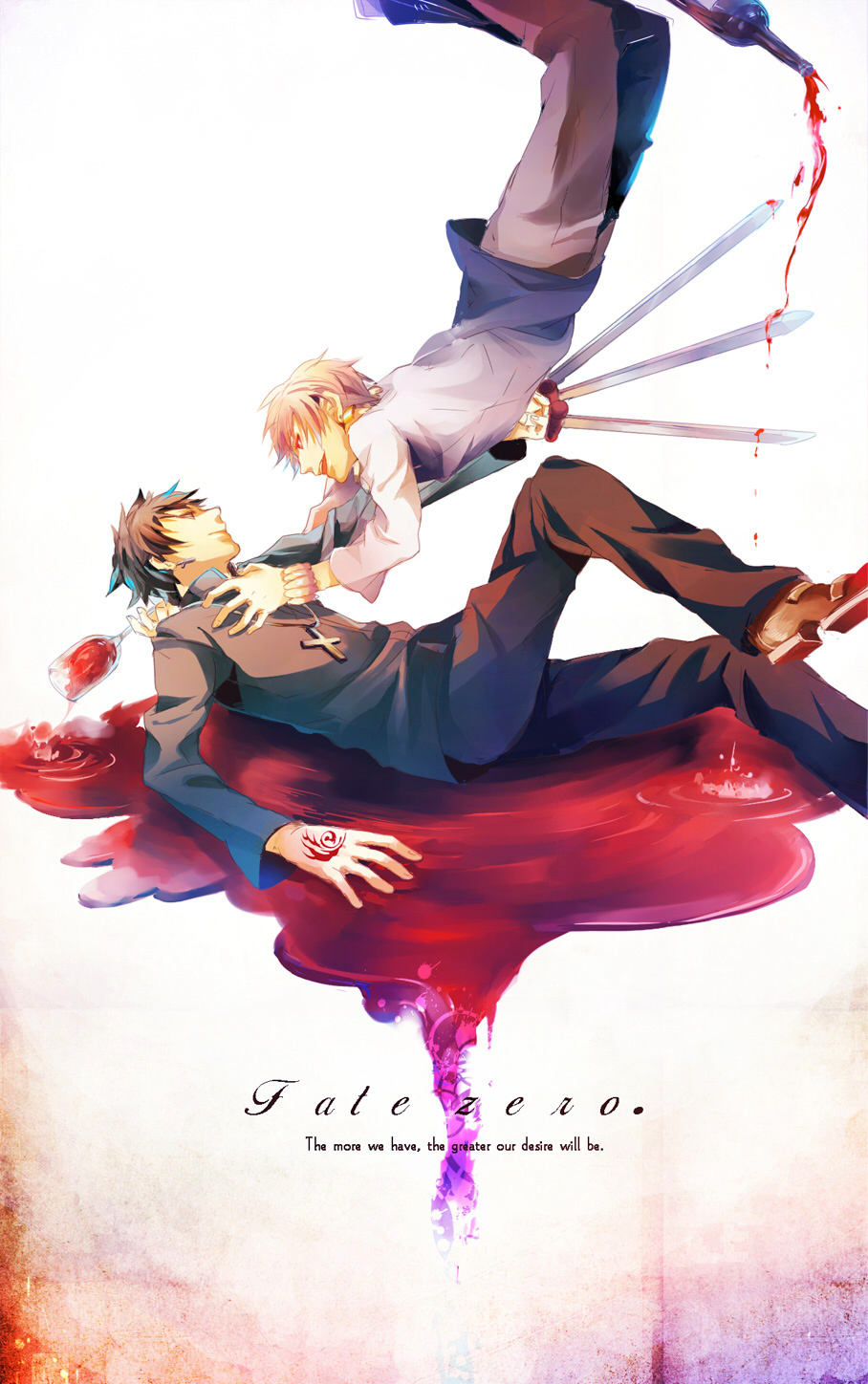 black_key, black_keys, blonde_hair, blood, bottle, bracelet, casual, command_spell, cross, earrings, fate/stay_night, fate/zero, fate_(series), floating, gilgamesh, highres, jewelry, kotomine_kirei, male, multiple_boys, priest, red_eyes, short_hair, wine, yorukage