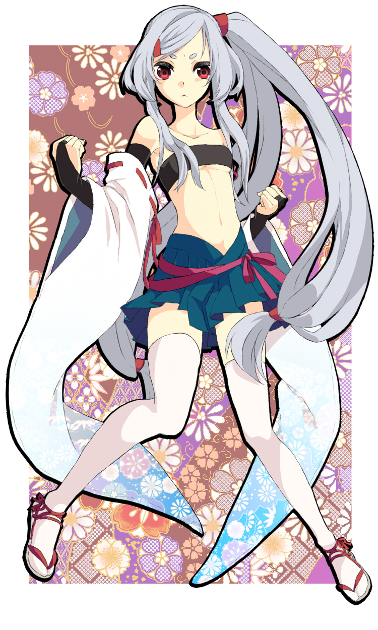 asagi-so, bridal_gauntlets, detached_sleeves, grey_hair, highres, midriff, miniskirt, original, pleated_skirt, sandals, side_ponytail, silver_hair, skirt, solo, thigh-highs, thighhighs, white_legwear, zettai_ryouiki