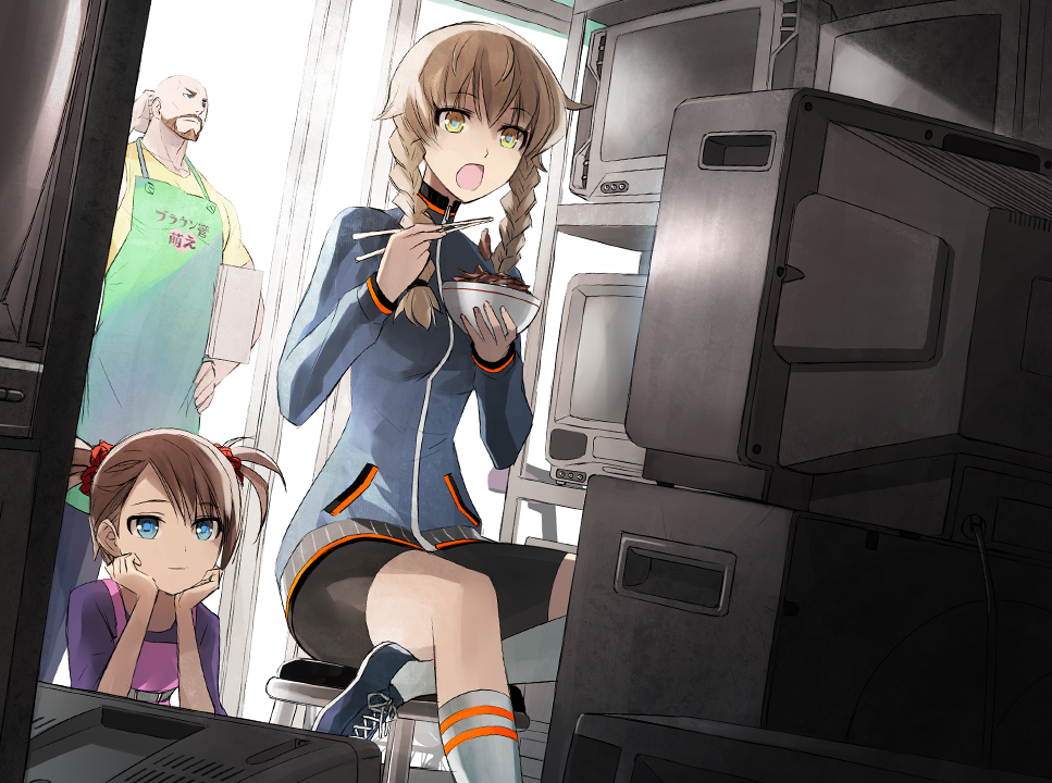 2girls, amane_suzuha, apron, beard, bike_shorts, blue_eyes, bowl, braid